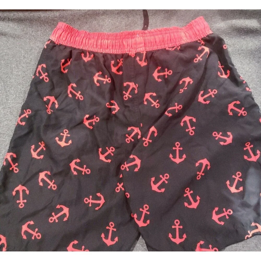 ZENCO Red Anchors Print On Black Men's Swim Board Shorts Trunks Medium